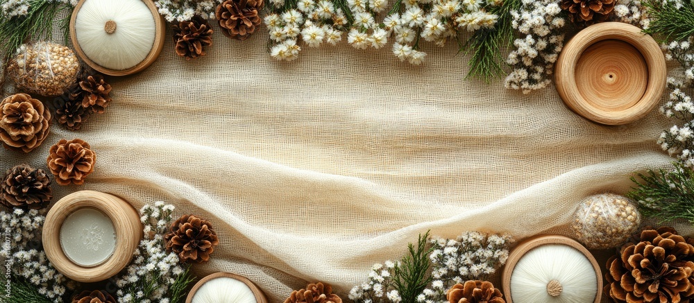 Aufkleber Craft materials in a decorative flatlay featuring wooden elements and natural accents on a fabric backdrop with space for text display.