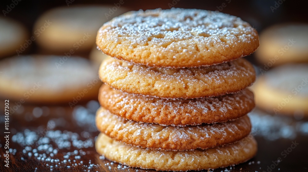Poster Artisan cookies arranged in a neat stack dusted with powdered sugar on a dark wooden background for a rustic dessert presentation.