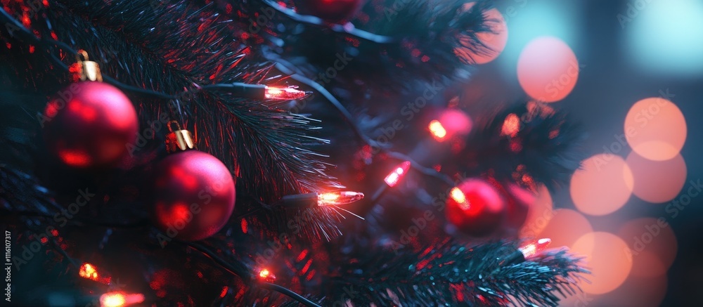 Aufkleber colorful blurred christmas lights with red ornaments on a tree creating a festive evening atmosphere