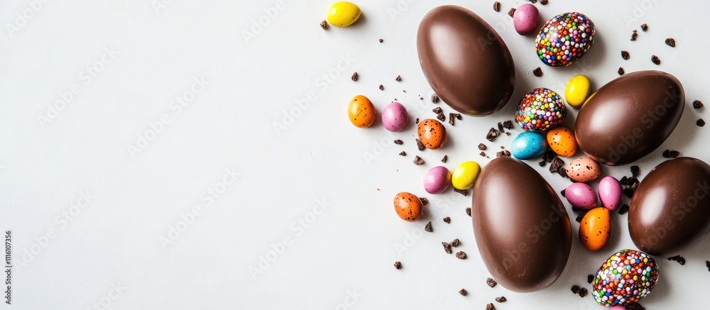 Aufkleber Chocolate Easter eggs surrounded by colorful candy decorations on a light background with ample copy space for text or graphics.