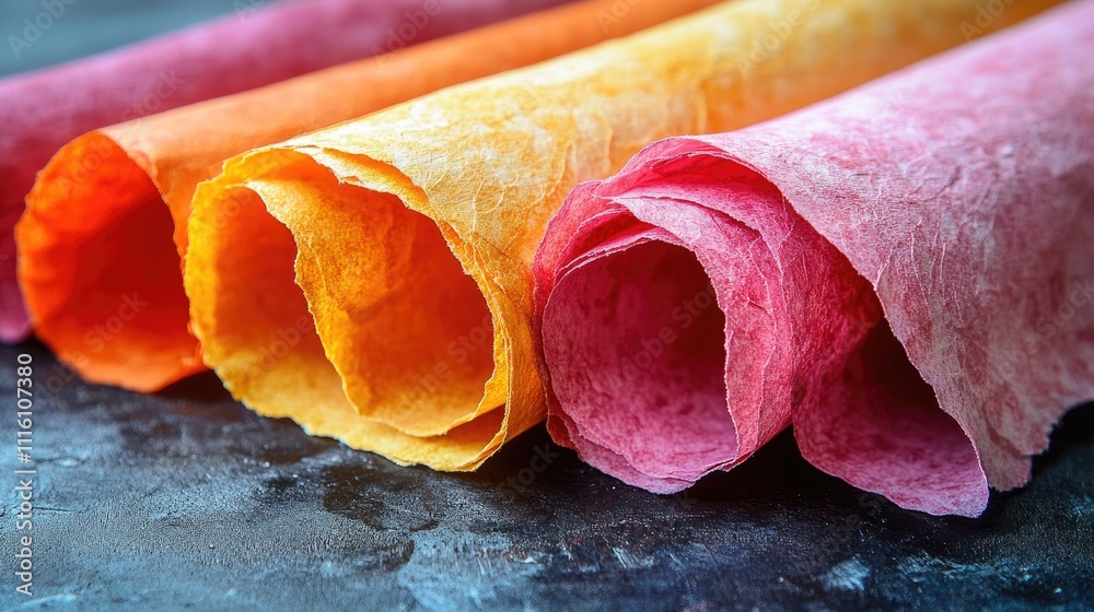 Poster colorful textured paper rolls on a dark background showcasing vibrant hues and ample copy space for 