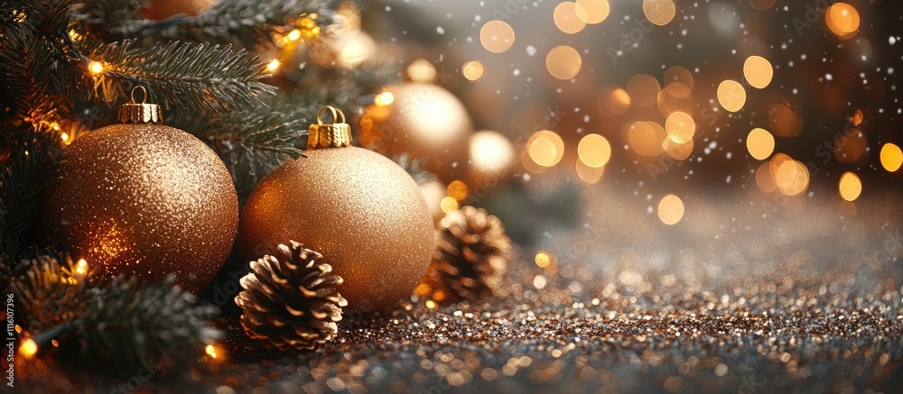 Poster Golden baubles and lights with festive pinecones creating a warm Christmas atmosphere on a shimmering background with copy space