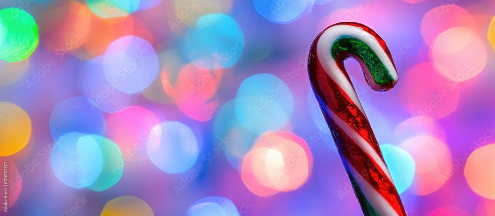 Poster candy cane ornament with vibrant bokeh lights in the background creating a festive holiday atmospher