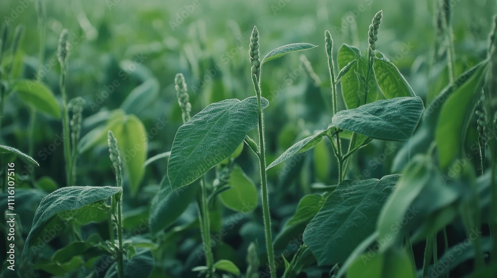 Poster close up of vibrant green soybean leaves in a lush farm plantation highlighting agricultural practic