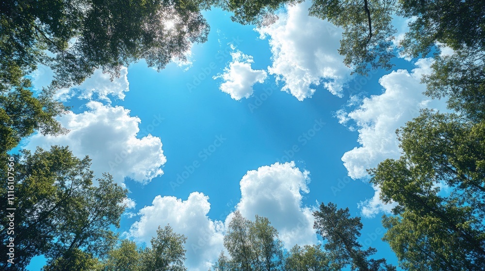 Poster blue spring sky framed by lush green trees and fluffy white clouds creating a tranquil natural atmos