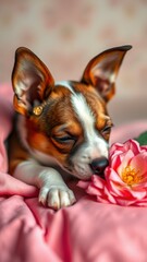 Obraz premium Adorable dog relaxes while smelling a pink flower in a cozy setting filled with soft fabrics