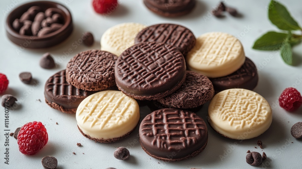 Poster assorted chocolate and vanilla wafers arranged artistically on a light background with fresh raspber