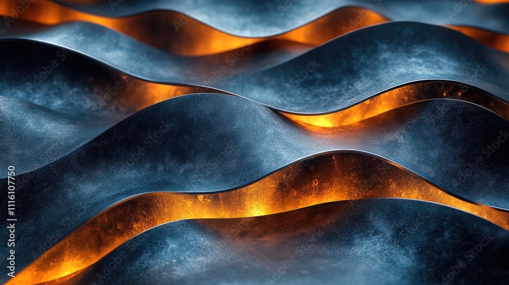 Poster abstract metallic waves with glowing orange highlights creating a dynamic textured background for de