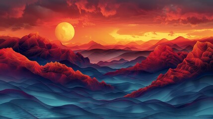 Vibrant sunset over a dramatic mountain range, low-lying clouds and fog fill the valleys.
