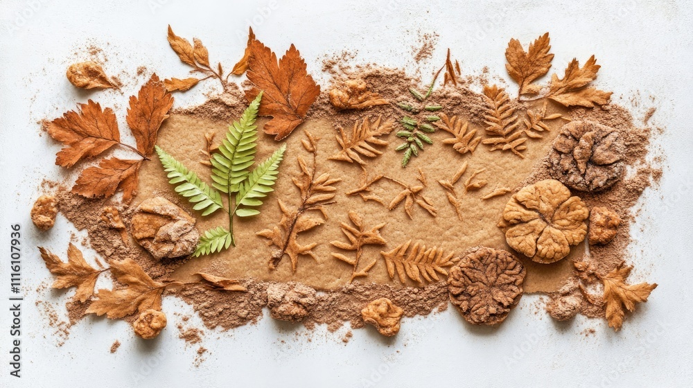 Poster Scandinavian inspired flat lay with cookie dough and fern leaf prints for creative baking concepts in food photography