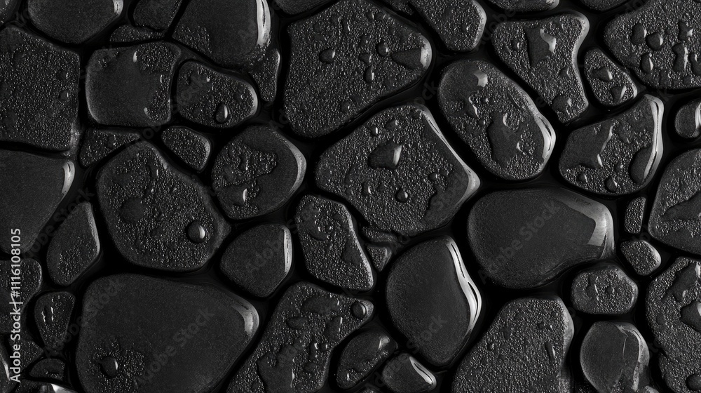 Poster Textured black background featuring water droplets on smooth stones creating a unique abstract design for artistic or commercial use.