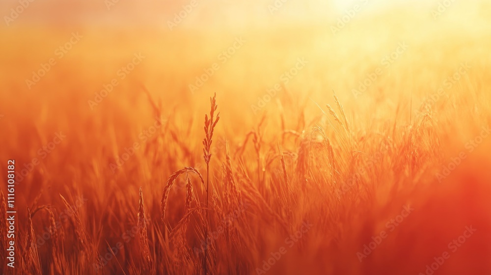 Poster close up of golden rice field with warm sunlight creating a serene atmosphere showcasing nature's be