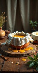 Naklejka premium Wooden table surface with clay pot containing melted ghee covered by cheesecloth, cheesecloth, natural ambiance