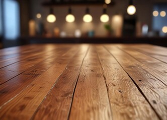 Wooden table top with blurred lighting effects, restaurant interior, minimalist decor,