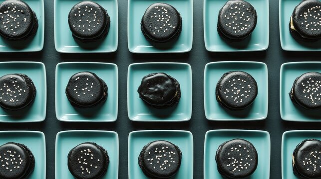 Black burgers on turquoise plates arranged in a seamless pattern showcasing modern culinary presentation and design aesthetics.