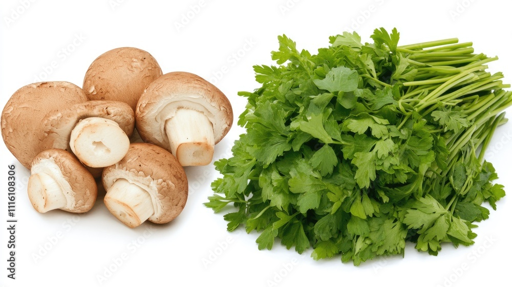 Aufkleber champignon mushrooms with fresh parsley arranged on a clean white background for culinary and food p
