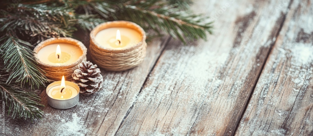 Poster christmas candles on rustic wooden background with fir branches and pine cone creating a festive atm