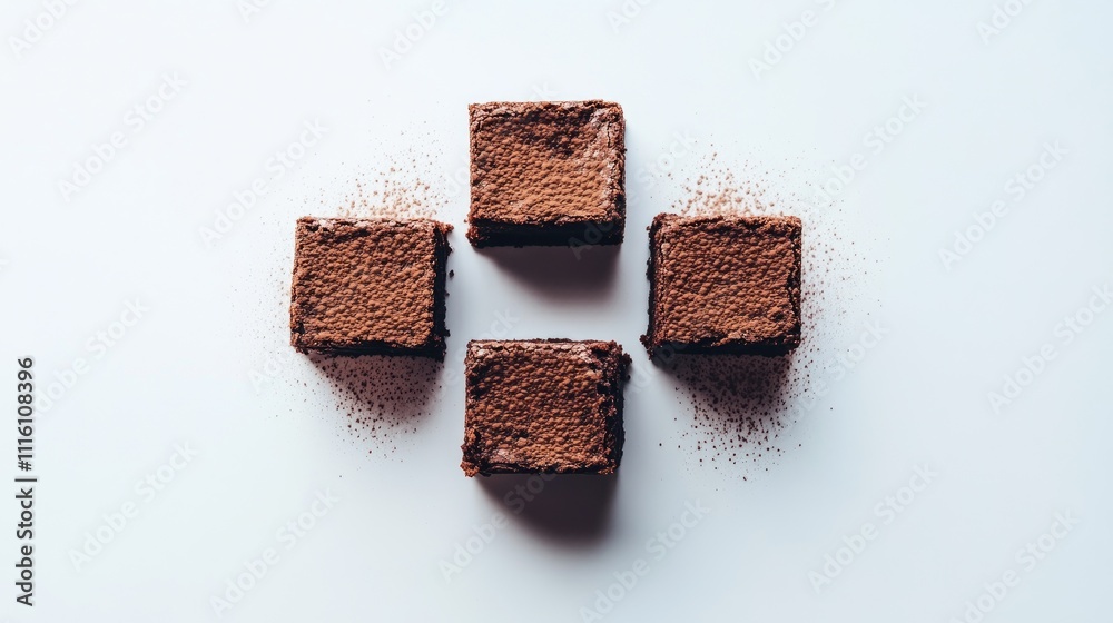 Poster chocolate brownies arranged neatly with cocoa powder on white background for dessert or bakery conce