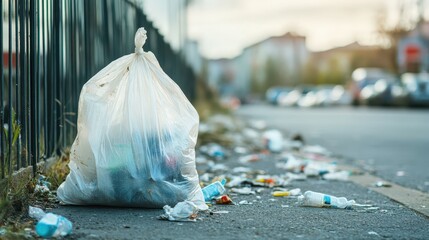 garbage bag with trash lying on the street