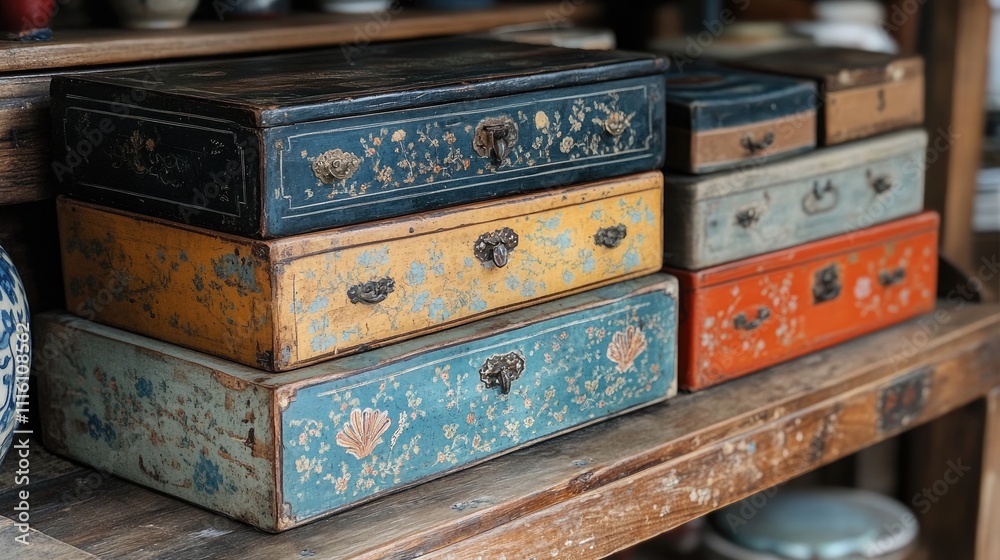 Poster vintage decorative boxes stored on a rustic wooden shelf showcasing intricate designs and craftsmans