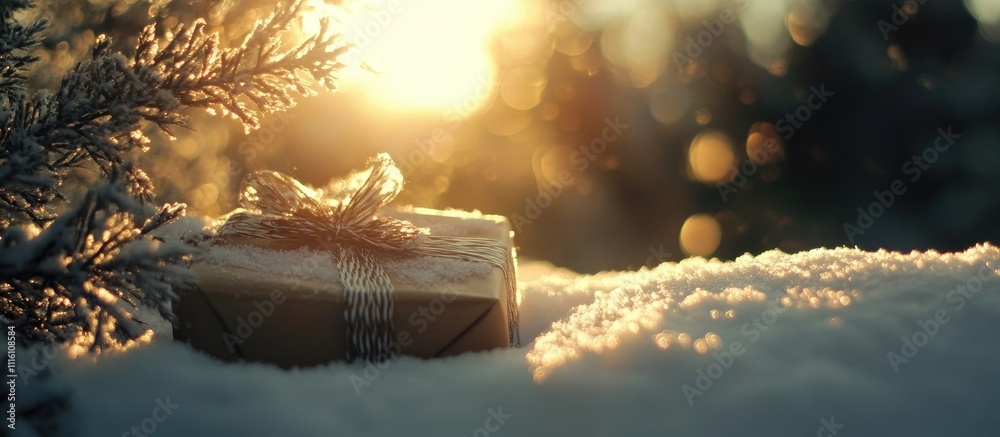 Poster christmas present wrapped beautifully resting on snow with a sunset backdrop and sparkling bokeh lig