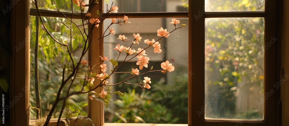 Poster serene home interior with blooming branches framed by a cozy window showcasing a tranquil garden vie