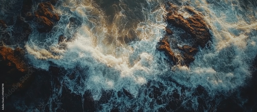 Aufkleber Aerial view of ocean waves crashing on rocky cliffs creating intricate patterns in foam and water against a dark textured background
