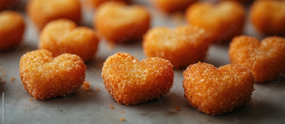 Aufkleber Heart-shaped golden nuggets arranged on baking paper, creating a delightful and appetizing visual on a white background.