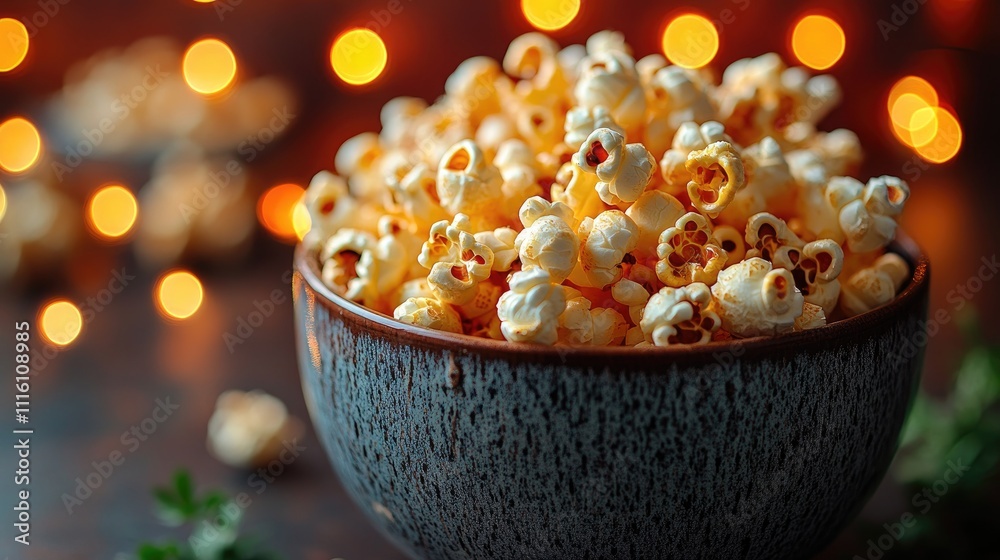 Poster Delicious bowl of popcorn with warm bokeh background creating an inviting and appetizing atmosphere for snack lovers