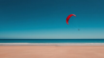 Kite surfers glide over the tranquil beach waters under a clear blue sky at sunset