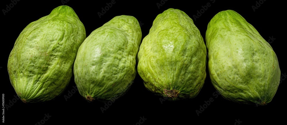 Aufkleber Chayote a nutritious green vegetable arranged in a row with a black background showcasing its unique texture and vibrant color