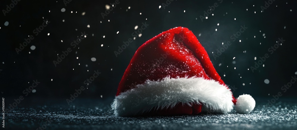 Poster christmas decorations arranged in a santa hat creating a festive atmosphere with a dark background a