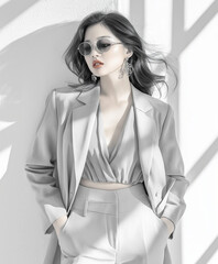 Elegant Woman in White Suit with Sunglasses and Statement Earrings, in mute colors