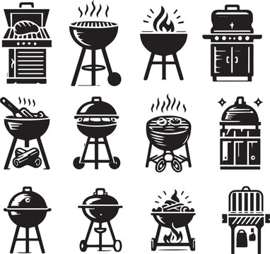 Grill BBQ icon silhouette set. Charcoal grills, Gas grills, and Wood fired grills Vector illustration