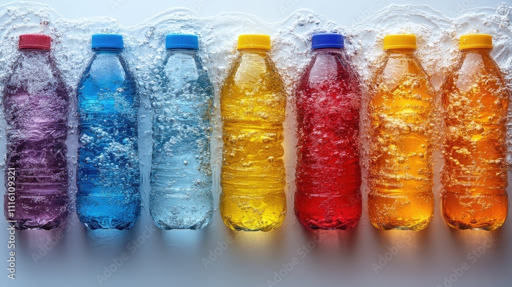 Aufkleber Vibrant colored water bottles splashing in liquid against a white background creating a refreshing and energetic visual effect.