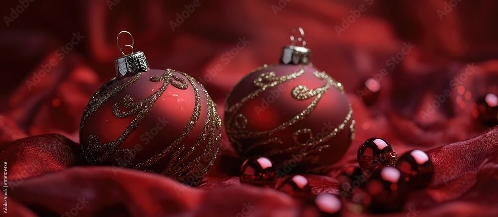 Poster elegant christmas ornaments on a luxurious red silk backdrop creating a festive and warm holiday atm