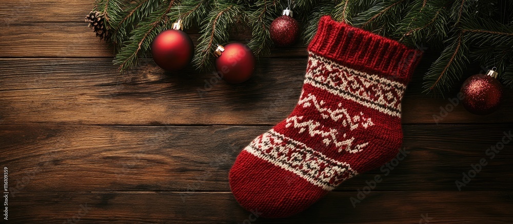 Poster christmas stocking adorned with coal and festive ornaments on rustic wooden surface with pine branch