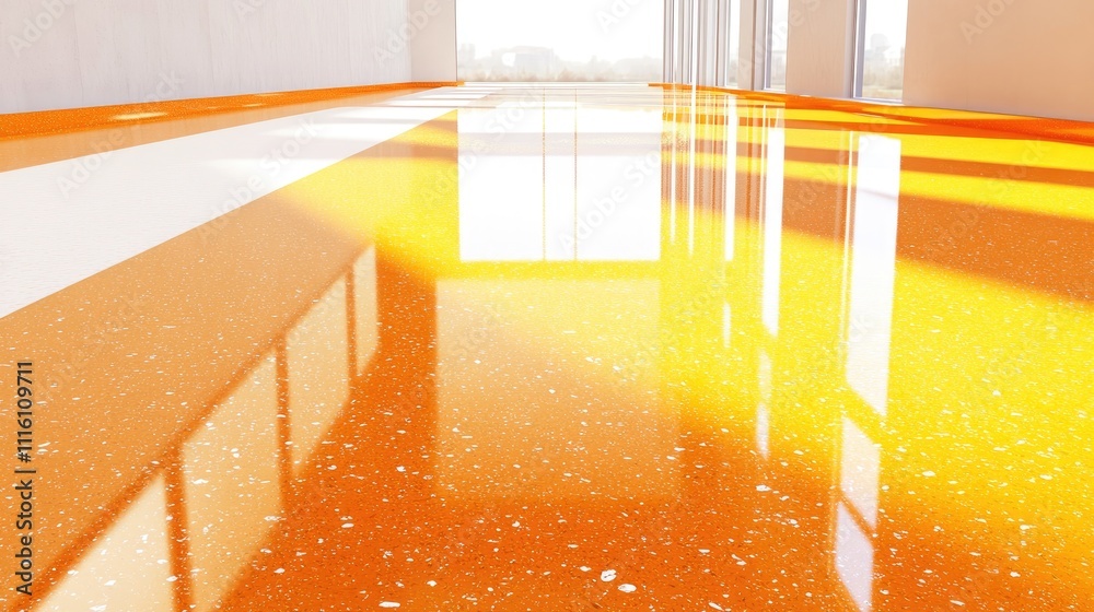 Poster orange stone floor construction progress showcasing completed and unfinished areas with natural ligh
