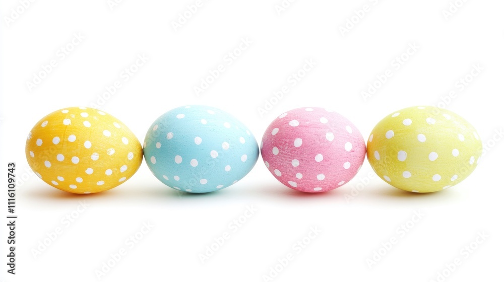 Poster colorful polka dot easter eggs arranged in a row on a clean white background perfect for springtime 