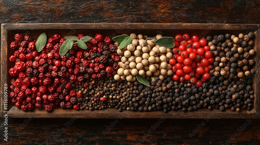 Poster aromatic assortment of colorful spices and herbs arranged on a rustic wooden table showcasing vibran