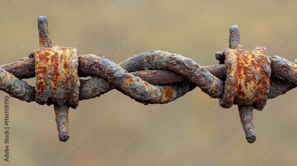 Poster rusty barbed wire fence detail with soft blurred beige background showcasing texture and decay in a 