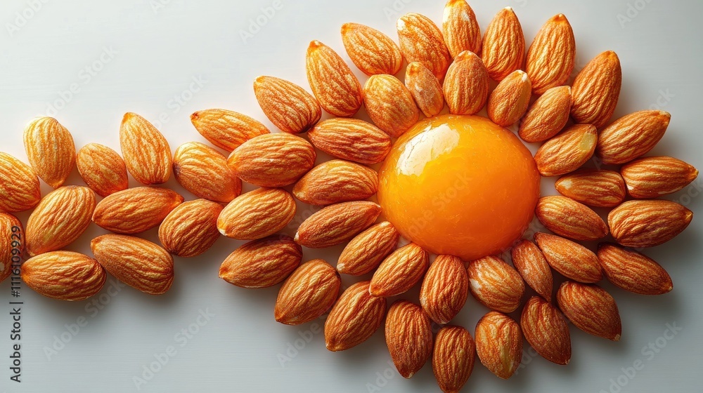 Aufkleber almonds arranged in a sun motif with a bright yolk center on a clean white background showcasing cre