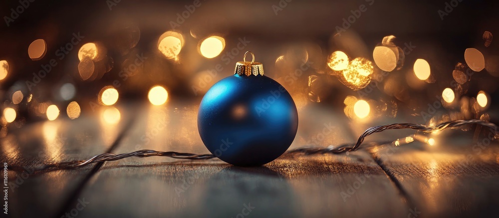 Aufkleber blue christmas ball ornament illuminated by warm fairy lights on a rustic wooden surface creating a 