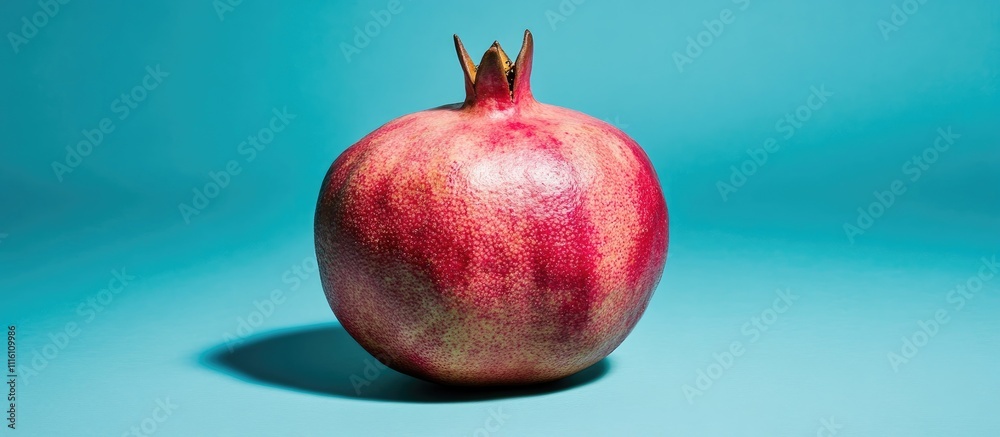 Poster christmas-themed pomegranate on a blue background with selective focus showcasing its vibrant color 