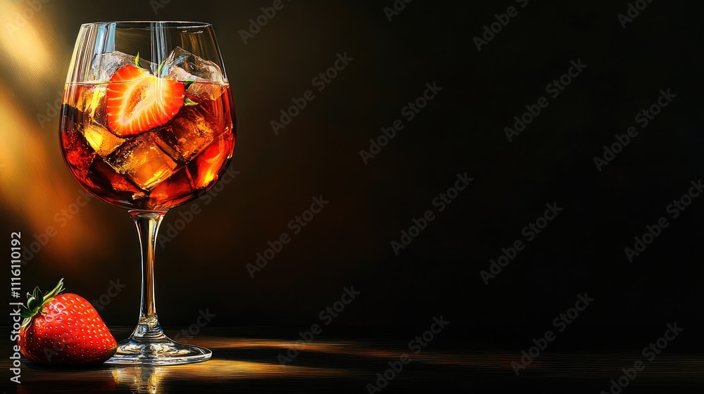 Poster refreshing cocktails with ice and strawberries displayed elegantly on a dark background for a sophis