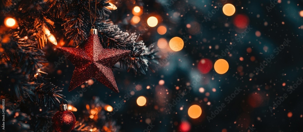 Poster christmas greeting card design with festive decorations and soft bokeh background ideal for personal
