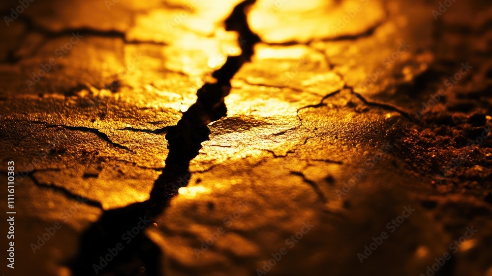 Aufkleber Textured surface with cracks illuminated by golden light creating a dramatic and moody effect in a grunge style background.