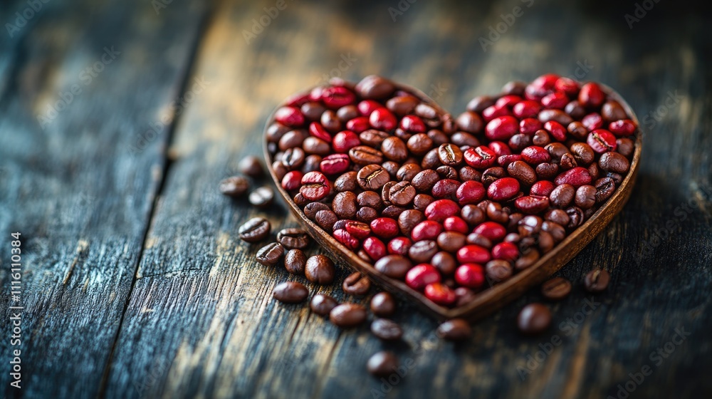 Poster coffee beans in heart shape on rustic wooden surface symbolizing love and passion for coffee with sp