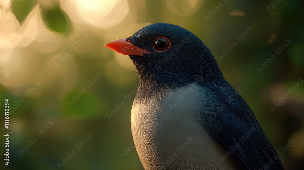 Poster Close up of a vibrant red-billed blue magpie showcasing its striking colors and details in a natural setting with soft bokeh background.