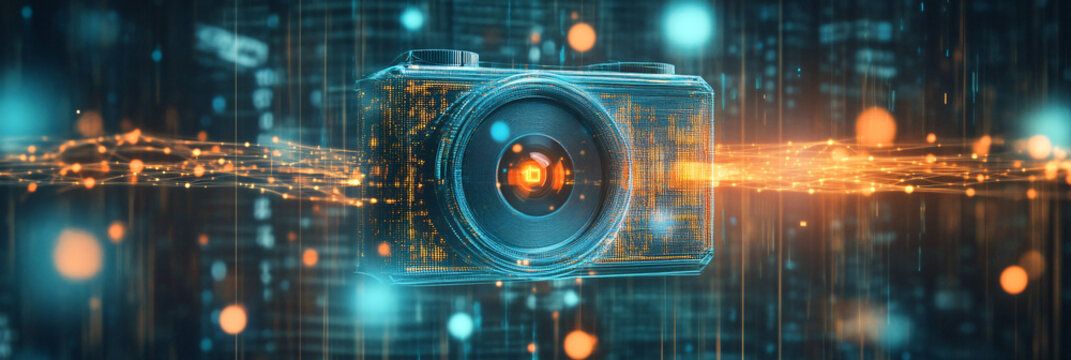 A digital camera icon surrounded by glowing data streams, representing the intersection of photography, digital media, and content creation. 